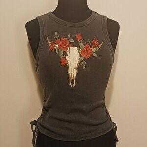 No Boundaries Gray Ribbed Tank Top Bull Skull Floral‎ Print Side Tie S